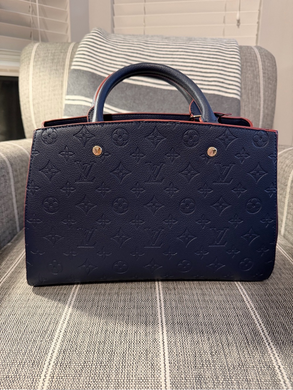 Louis Vuitton Navy Embossed Leather Satchel with Red Trim